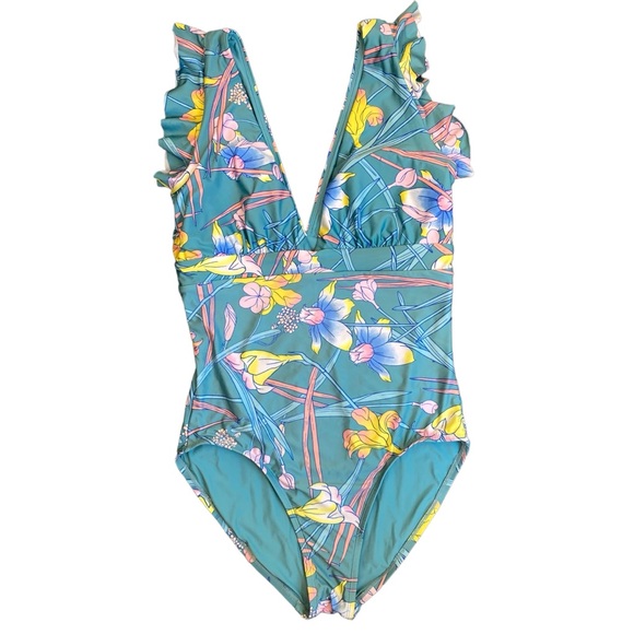 ModCloth The Kelsie Ruffle Blue Floral Plunge Neck One Piece Swimsuit Sz L - Picture 2 of 16